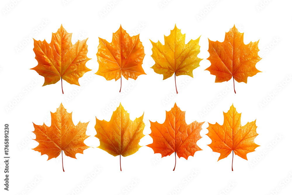 Fototapeta premium Collection of vibrant orange and yellow maple leaves arranged in two rows presenting autumn season beauty isolated on transparent background