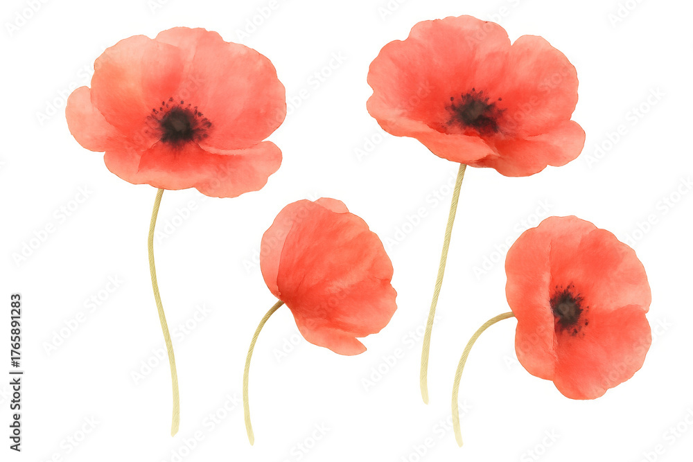 Obraz premium Red poppies watercolor painting set on transparent background, symbolizing remembrance and blooming nature