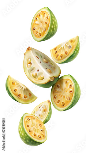 Floating illustration of sliced monk fruit with bright interiors and green exteriors