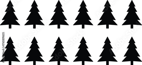 Pine tree silhouette grid, forest vector icon, evergreen clipart, conifer shapes, nature graphic, black trees, symmetrical woodland design