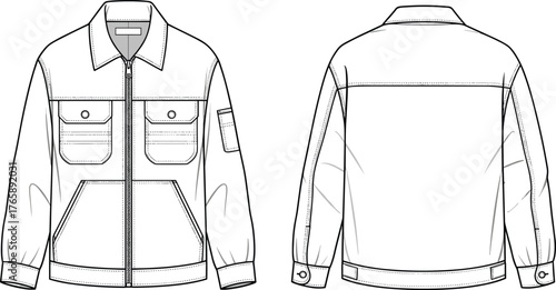 Front and back technical drawing of casual utility jacket design, detailed vector fashion template, stylish outerwear garment construction, cad drawing flat vector illustration