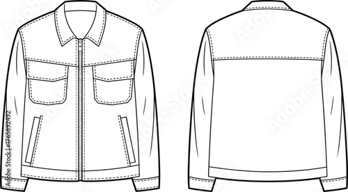 Front and back view denim jacket technical flat sketch, vector fashion design template, modern casual outerwear clothing illustration for designers