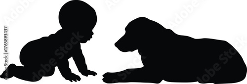       Baby and dog silhouette vector, crawling infant and lying pet pose, black illustration of interaction, gentle moment, curiosity and bonding concept design