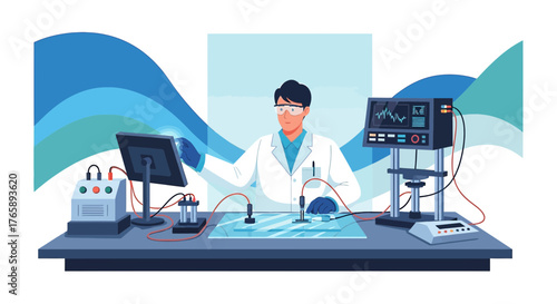 Scientist conducting research with advanced tech in a laboratory environment focused on data