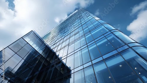 Tall glass office building reflecting blue sky and clouds, seen from a low-angle upward perspective.