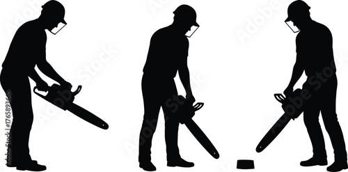 Chainsaw operator silhouette set, safety helmet poses vector, black illustration of cutting techniques, woodwork activity, protective gear concept, tool usage design