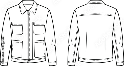Front and back view workwear jacket technical flat sketch, vector fashion design template, modern utility clothing illustration for garment designers