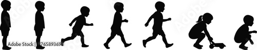  Child development silhouette set, physical growth stages vector, walking running playing poses, early motor skills illustration, black human shapes for education