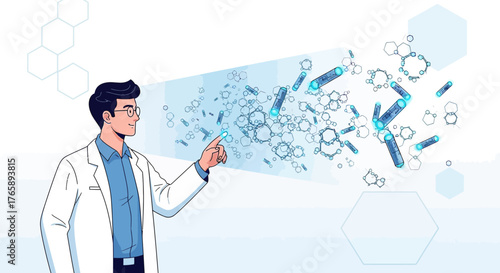Scientist navigating molecule structures on interactive screen for medical innovation