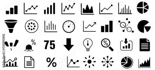 Collection of business and finance icons isolated on a transparent background