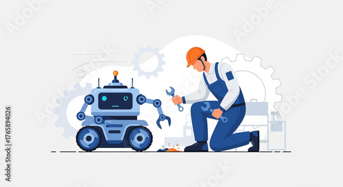 Technician diligently repairing a friendly robot companion, representing the integration of humans
