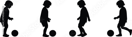  Child silhouette playing with ball, motion sequence illustration, kid kicking ball vector, physical activity concept, black figure isolated on white background