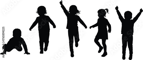  Children movement silhouette set, crawling walking jumping poses vector, black illustration of playful activity, energetic child shapes, physical development concept design