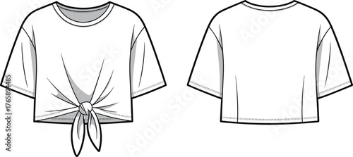 Front tie short sleeve crop top flat sketch, women t-shirt technical drawing with knot detail, fashion cad vector illustration