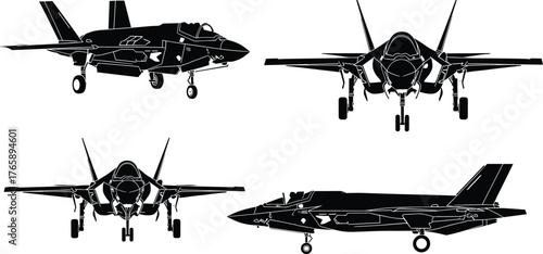 Modern stealth fighter jet silhouette, flat vector illustration with multiple views, ideal for military, aviation, and defense design projects.