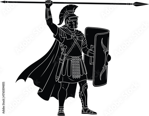 Roman soldier warrior silhouette with spear and shield, flat vector illustration perfect for history, military, ancient, and gladiator design projects.