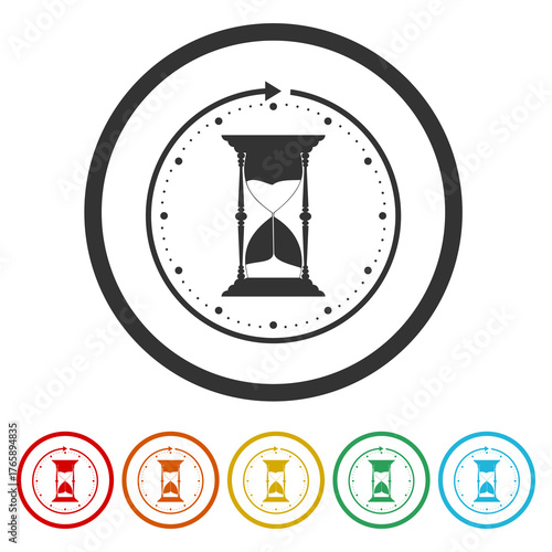 Hourglass or sand watch with round arrow icon. Set icons in color circle buttons