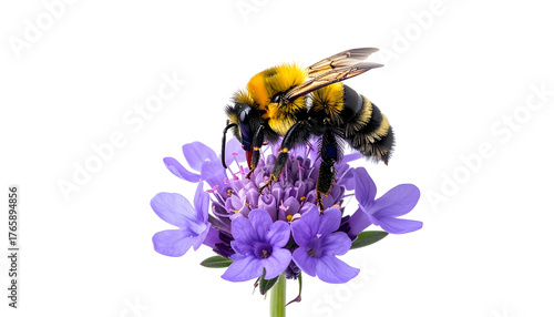 A fuzzy bee with black and yellow stripes lands on a purple flower against a black backdrop