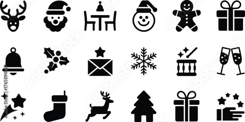 Christmas holiday icon illustration set, festive vector collection with Santa, reindeer, gifts, snowflake, tree, stocking, bell, gingerbread, champagne, celebration