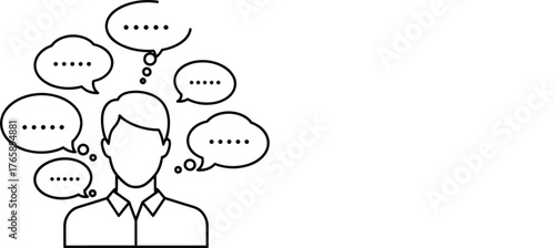 Person Thinking or Communicating with Speech Bubbles Line Art VectorPerson Thinking or Communicating with Speech Bubbles Line Art Vector