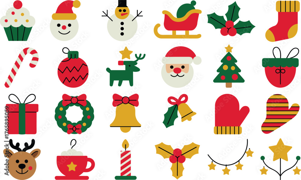 Naklejka premium Christmas holiday icon set, festive vector collection, Santa, snowman, reindeer, tree, gift, wreath, stocking, ornament, bells, lights, candle illustration