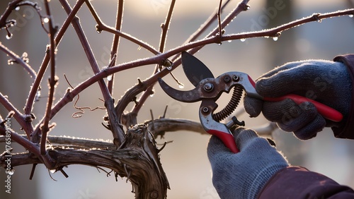 A close-up of weathered pruning shears gloved hands methodically trimming dormant grapevines in a frost-kissed winter vineyard, captured from a low-angle perspective emphasizing twisted branches.