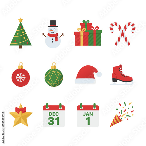 Set of modern Christmas and New Year's icons, colorful flat style, festive holiday symbols against a plain grey background