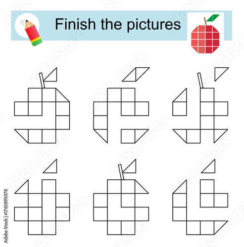 Activity for kids. Finish the pictures so that they all look the same. 