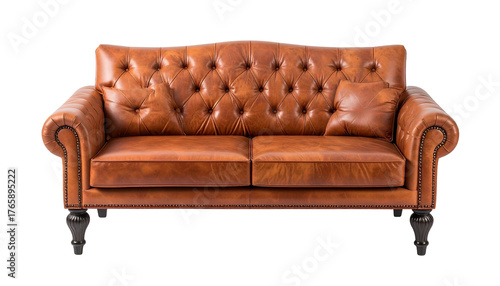 Two-seater, tufted leather sofa with rolled arms and decorative nailhead trim