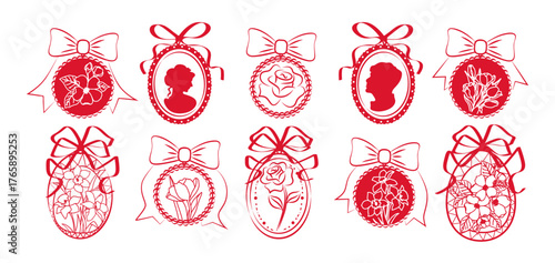 Elegant red ornament vector illustration featuring intricate oval frames, bows, floral patterns, and cameo silhouettes. Perfect for decorative designs, holiday cards, or festive crafts.