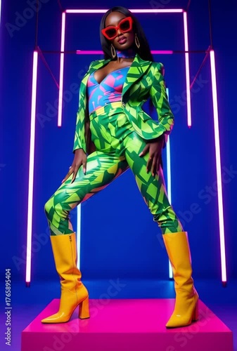 A stunning model showcases vibrant fashion with bold colors and patterns. She poses elegantly with striking confidence, surrounded by lively neon lights in a studio