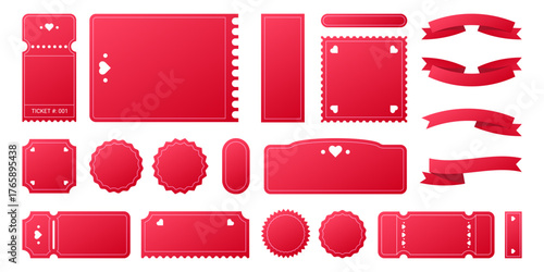 Valentine day lottery sales tickets and vouchers, price badges and coupons. Cute red backgrounds for romantic holiday marketing. Vector illustration.