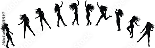  Dancer silhouette motion set, high heel poses vector, black illustration of expressive movement, dynamic choreography, female figure design, performance concept art