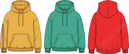 Hoodie sweatshirt technical flat sketch front and back view, colorful unisex pullover design, vector apparel template, fashion cad drawing flat vector illustration
