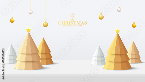 New Year background or Merry christmas banner with christmas tree and decoration balls on the stage. Festive holiday illustration. perfect for greeting card, banner, and seasonal promotion