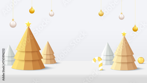 New Year background or Merry christmas banner with christmas tree and decoration balls on the stage. Festive holiday illustration. perfect for greeting card, banner, and seasonal promotion