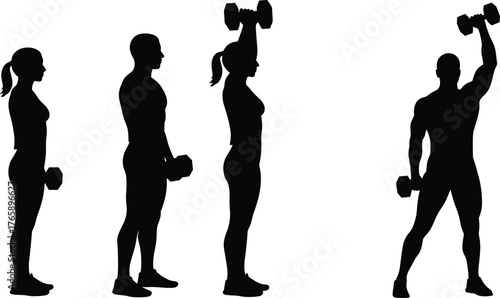  Dumbbell shoulder press silhouette, fitness exercise vector, man and woman workout posture, strength training illustration, gym lifting motion, black icon design