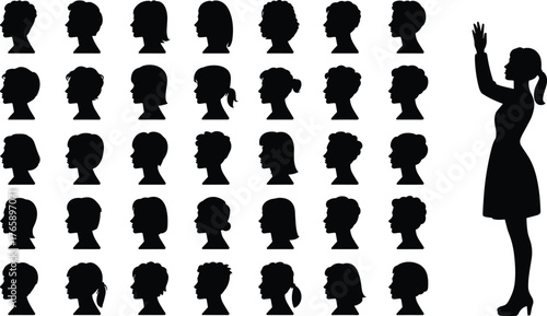 Female profile silhouette illustration set, diverse women hairstyles vector collection, fashion beauty icons, hairstyle design elements, identity and character representation