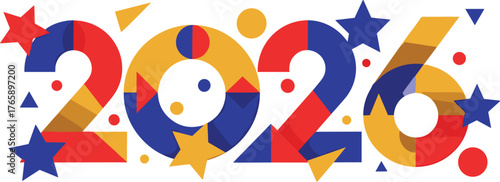 Abstract Geometric Vector Design Featuring 2026 Typography and Holiday Shapes.