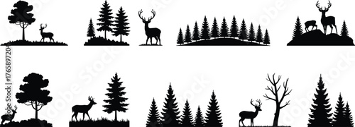 Forest and deer silhouette set, wildlife nature vector collection, conifer trees, woodland animals, landscape illustration, natural habitat, outdoor scenery icons