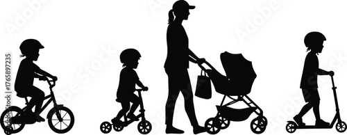  Family outdoor activity, kids riding scooters and bicycle, mother pushing stroller, safety helmets, parenting, childhood transportation, silhouette vector illustration, white background