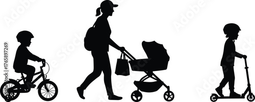  Family outing silhouette, urban mobility vector, child on bike, kick scooter, baby stroller, safety helmets, black illustration, transportation concept, isolated graphic