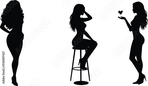  Female portrait silhouette, elegant woman poses, black vector illustration, beauty and elegance, sitting on stool, blowing kiss, isolated graphic