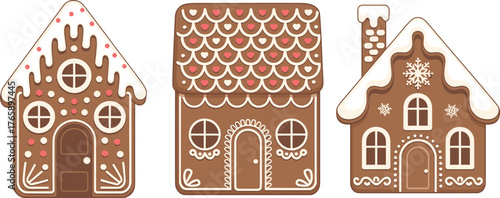Gingerbread house illustration set, festive Christmas cookie vector collection, decorated holiday sweets with icing, candy details, seasonal dessert design icons