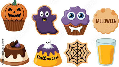 Halloween dessert illustration set, spooky treat vector collection with cupcakes, cookies, pudding, juice, ghost sweets, pumpkin candy, festive holiday design