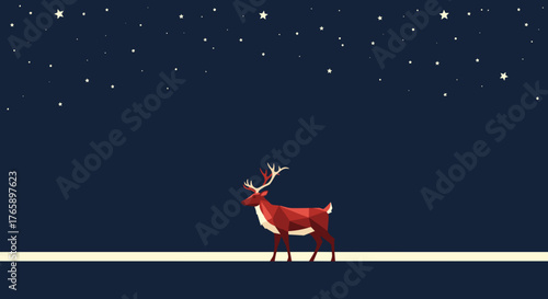 Reindeer under starry sky at christmas time, reindeer stands majestically in winter landscape. Winter wonderland scene shows reindeer in magical christmas setting.