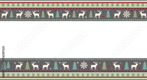 Christmas reindeer pattern featuring traditional winter elements, decorative border. Christmas reindeer design includes motifs such as deer, snowflakes, and trees, creating festive repeat.