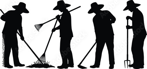  Gardening workers silhouette, farming tools, rake, hoe, pitchfork, agricultural labor, outdoor activity, rural lifestyle, vector illustration for stock content, editable design