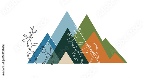 Reindeer illustration on a white background with abstract mountains for Christmas. This winter scene showcases reindeer with minimalist mountain elements, capturing holiday spirit.