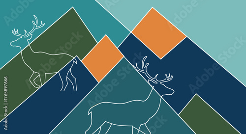 Reindeer illustration depicting snowy mountains and geometric shapes, perfect for winter season. Reindeer illustration design offers unique background for Christmas.